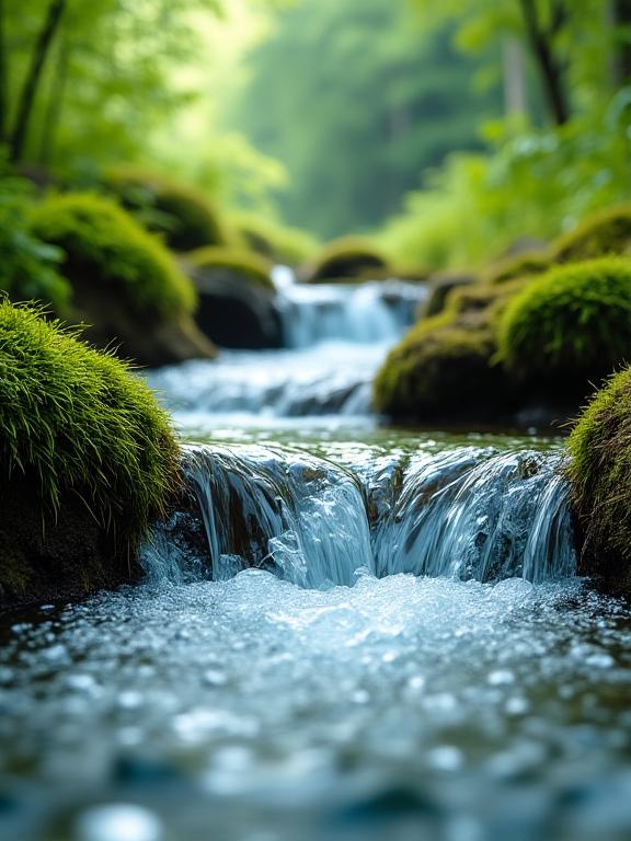 Kristallklarer Bergbach fliesst durch eine grüne Landschaft
