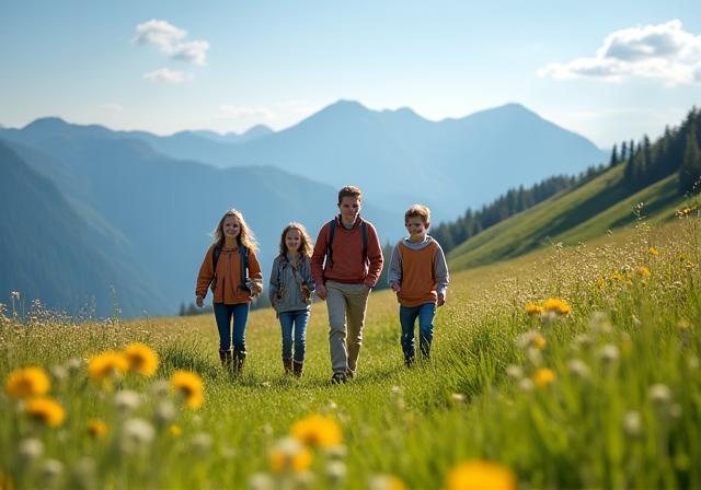 Familie mit Kindern wandert auf einer Almwiese