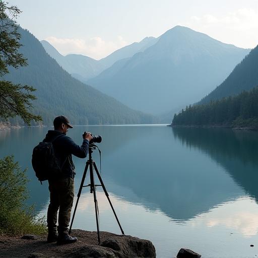 Fotograf mit Kamera am Ufer eines Bergsees