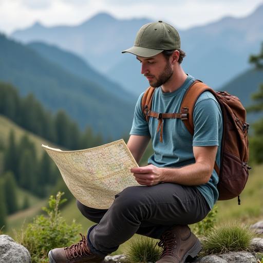 Wanderer studiert Karte in den Bergen