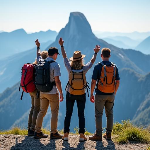 Wandergruppe auf einem Berggipfel mit Guide